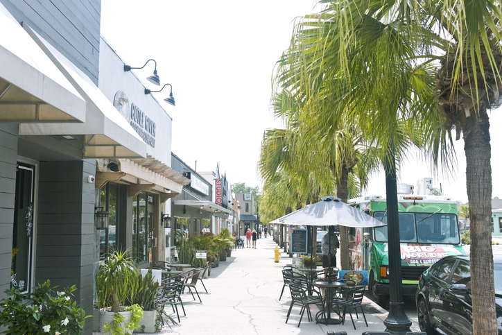 Main Street Downtown New Port Richey Florida. The Main Street in the historic district is a vibrant downtown hub and is home to many restaurants, outdoor dining, sidewalk cafes and eateries, bars, breweries, shopping, and daily changing food trucks